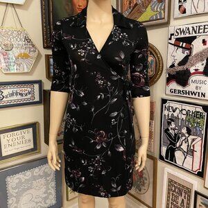 80s Floral Black & Purple Floral Stretch Wrap Dress with 3/4 Sleeves Size L